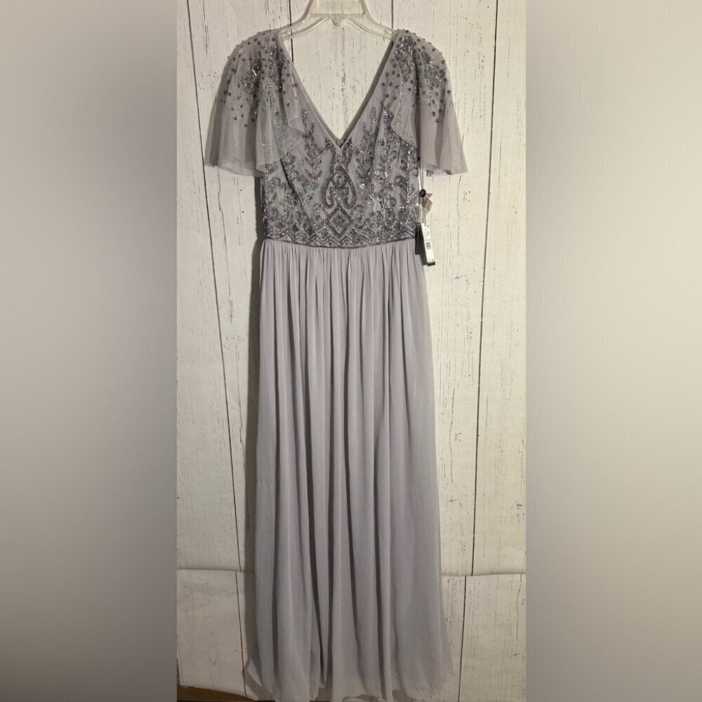 Adrianna Papell Lilac Grey Formal Beaded Bodice Long Chiffon Maxi Dress Size 6